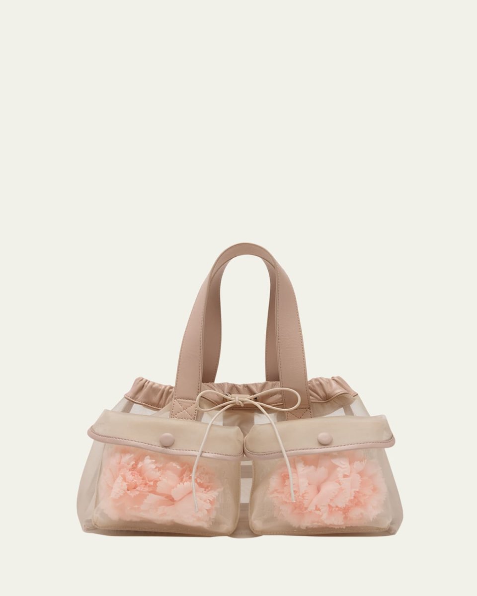 Mini Sheer Stuffed Carnation Drawstring Top-Handle Bag